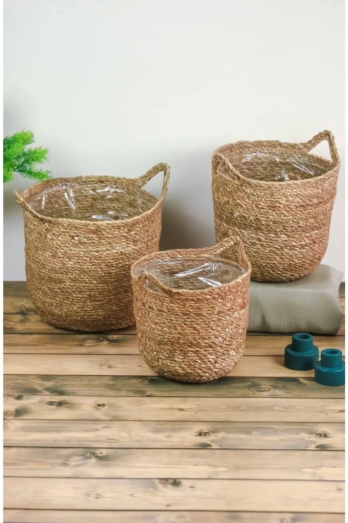 Dekoratif Doğal El Örmesi Kulplu Hasır 3 Lü Saksı Sepet Seti