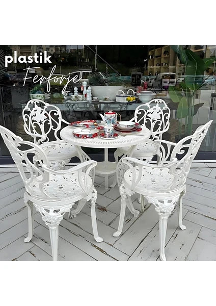 Ferforje Görünümlü Plastik Masa Sandalye Takımı, 150 kg Taşıma Kapasiteli, 2 Yıl Garantili, Bahçe, Balkon, Tüm Dış ve İç Mekanlara Uygun, Beyaz Masa Sandalye