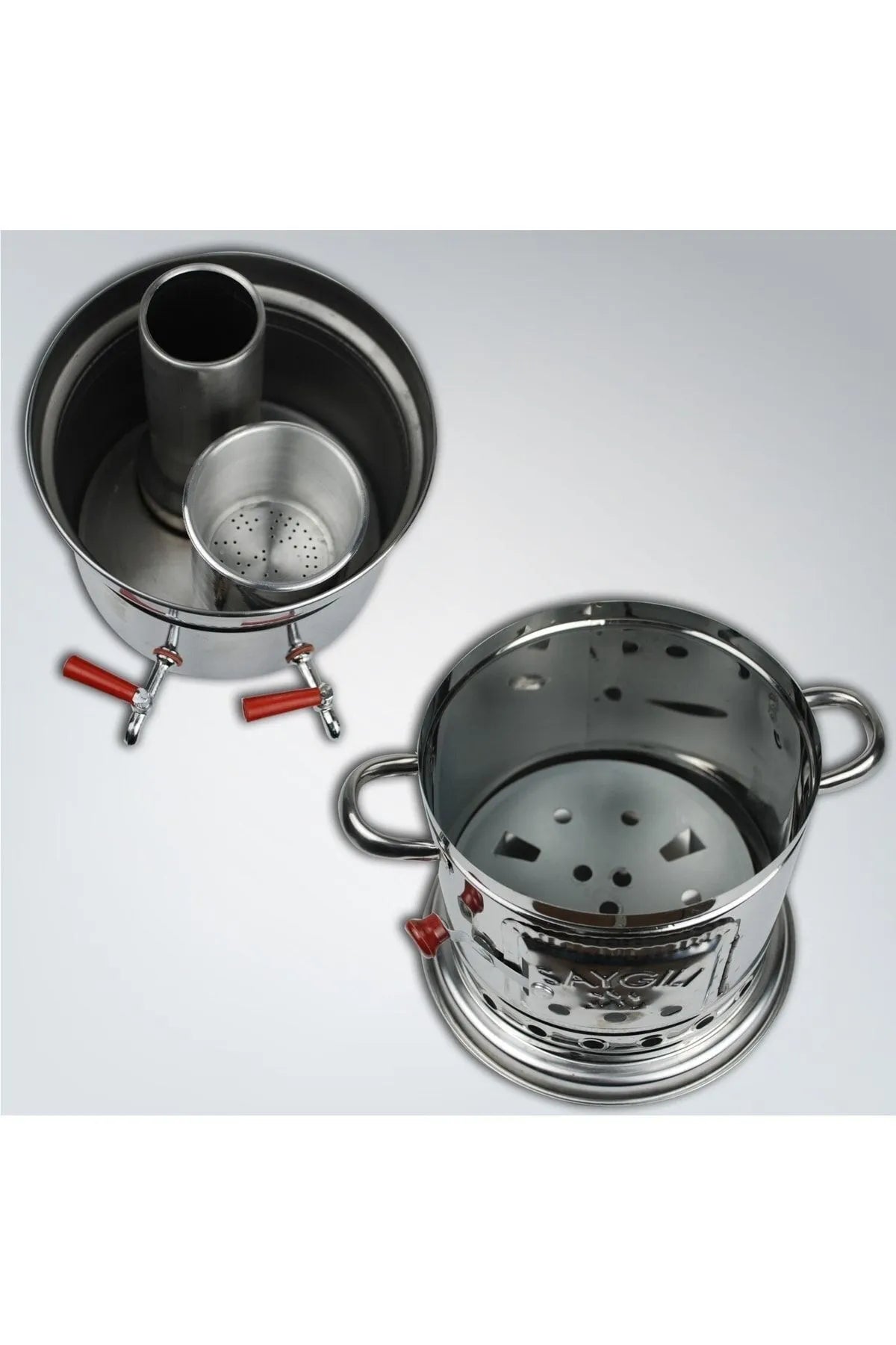 Çift Musluklu Demlik ve süzgeç hediyeli Paslanmaz Odunlu Kömürlü Semaver