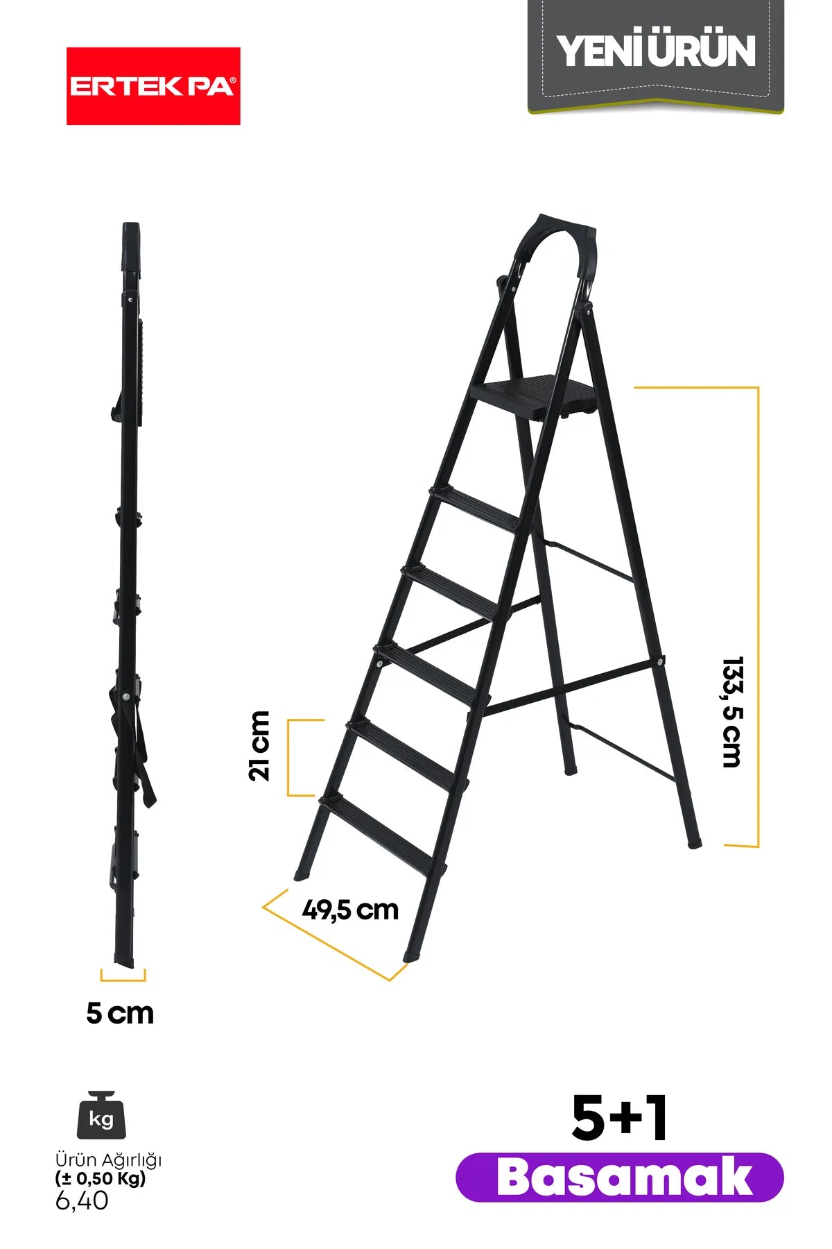 Süper Slim Siyah Merdiven 5 1 Metal Basamaklı