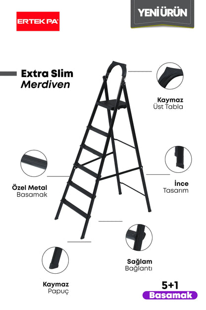 Süper Slim Siyah Merdiven 5 1 Metal Basamaklı